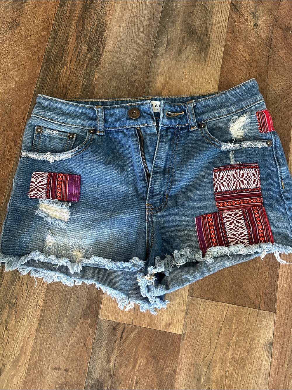 Bullhead Blue Denim Shorts with Red Patchwork